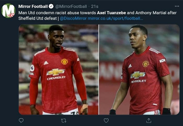 Dua pemain Manchester United, Anthony Martial dan Axel Tuanzebe, menjadi korban tindakan rasialisme usai kekalahan timnya dari Sheffield United.