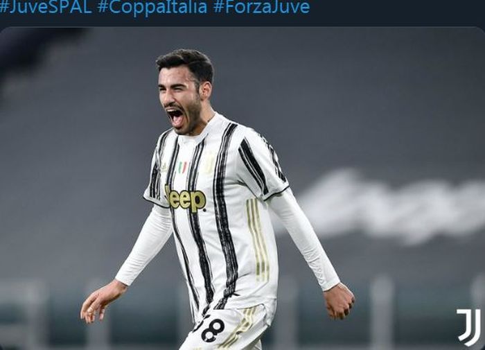 Gianluca Frabotta merayakan golnya dalam duel Coppa Italia Juventus vs SPAL, 27 Januari 2021.