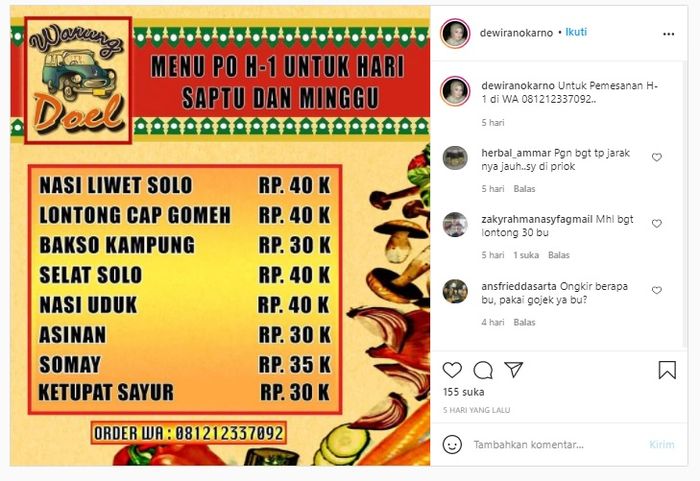 Menu makanan di warung Rano Karno