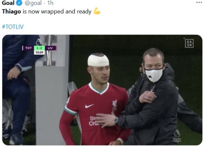 Thiago Alcantara mengalami cedera kepala saat Liverpool mengalahkan Tottenham Hotspur, Kamis (28/1/2021).