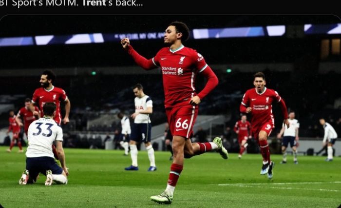 Selebrasi Trent Alexander-Arnold usai mencetak gol ke gawang Tottenham Hotspur.