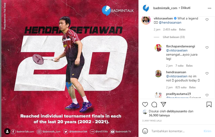 unggahan Badmintalk yang dikomentari Viktor Axelsen dan direspon Hendra Setiawan di kolom komentar