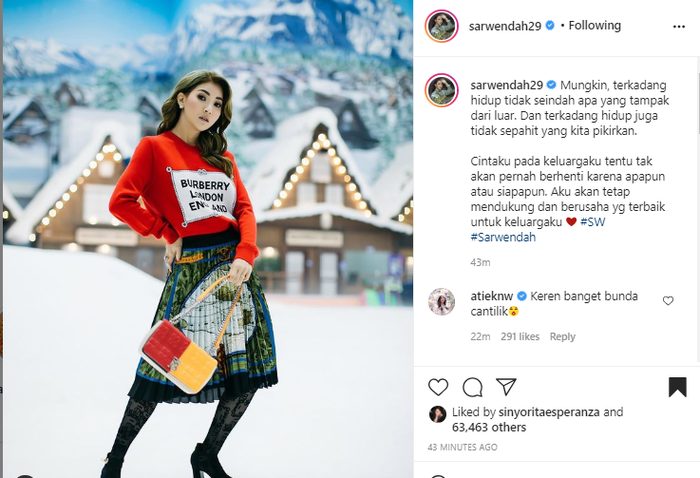 Unggahan <a href='https://palembang.tribunnews.com/tag/sarwendah' title='Sarwendah'>Sarwendah</a> di Sosial Media.