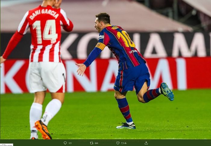 Selebrasi megabintang Barcelona, Lionel Messi, seusai menjebol gawang Athletic Bilbao pada Minggu (31/1/2021).