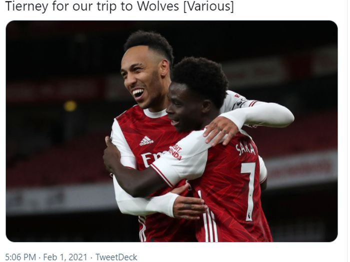 Kapten Arsenal, Pierre-Emerick Aubameyang (kiri) dan pemain muda The Gunners, Bukayo Saka, diproyeksi akan kembali dalam pertandingan melawan Wolverhampton Wanderers di pekan ke-22 Liga Inggris 2020-2021.