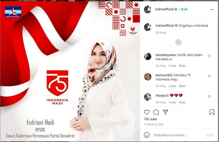 Indriani Hadi merupakan Deputi Kaderisasi Perempuan Partai Demokrat.