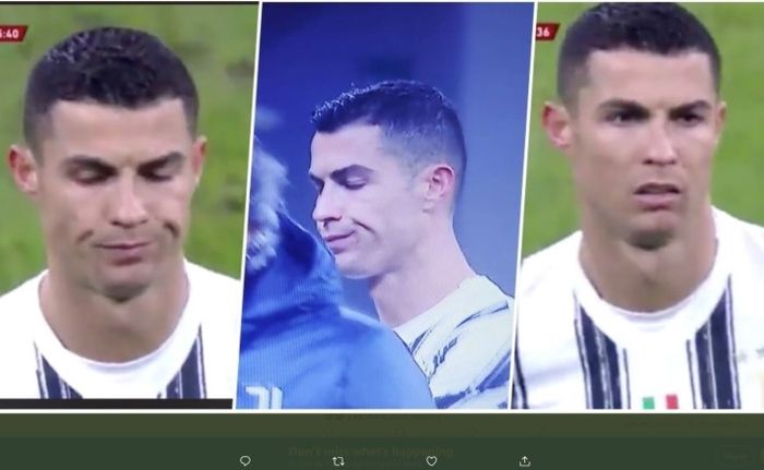 Ekspresi megabintang juventus, Cristiano Ronaldo, saat ditarik keluar dalam laga smeifinal Coppa Italia melawan Inter Milan.