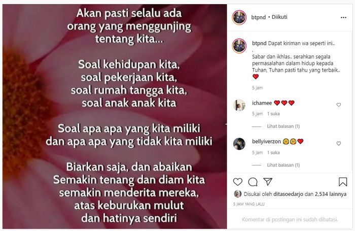 Unggahan Instagram Puput Nastiti Devi dan Ahok