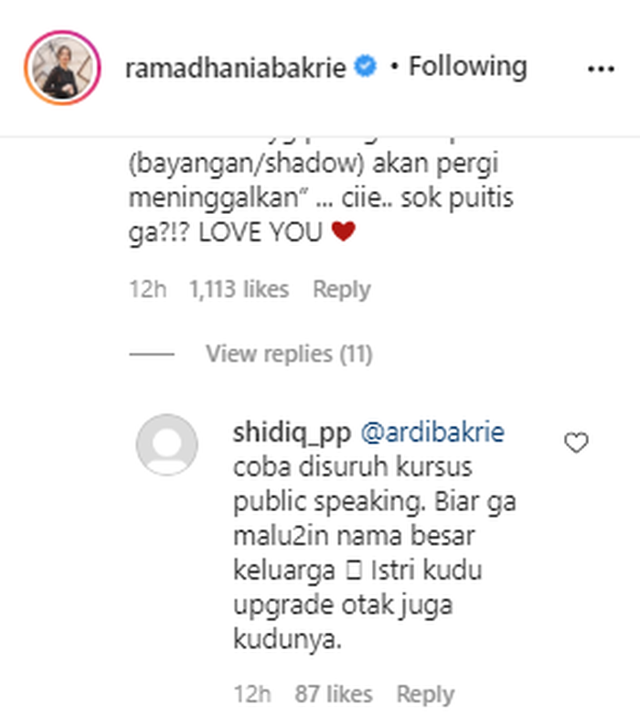 Tangkap layar komentar di unggahan Nia Ramadhani.