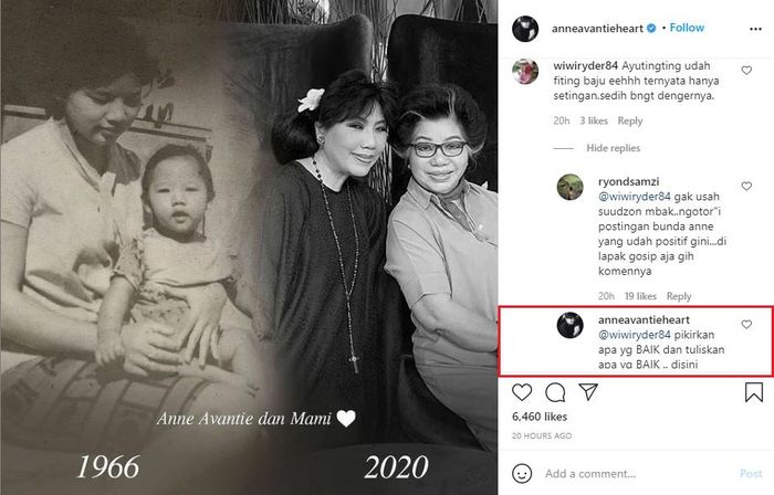 Tangkap layar Anne Avantie balas komentar netizen soal kabar Ayu Ting Ting batal nikah.