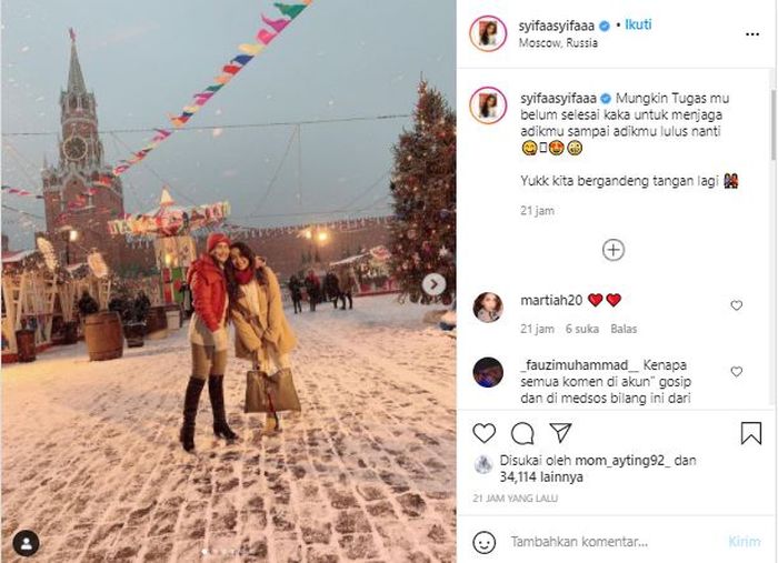 Postingan Syifa saat memberikan dukungan untuk Ayu Ting Ting Instagram.com/@syifaasyifaaa