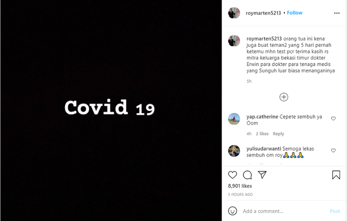 Roy Marten umumkan dirinya positif covid-19.