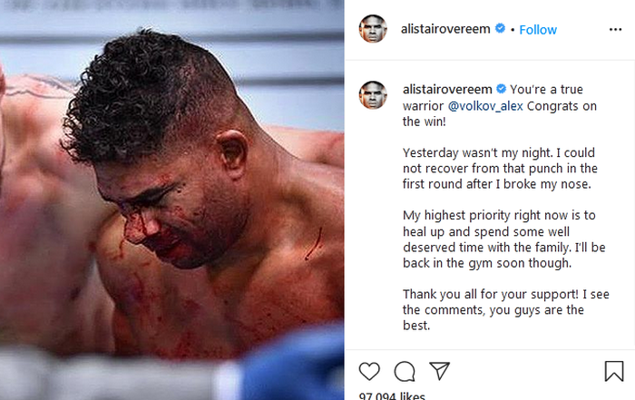Unggahan jagoan berjulukan SI Manusia Penghancur, Alistair Overeem usai UFC Vegas 18.