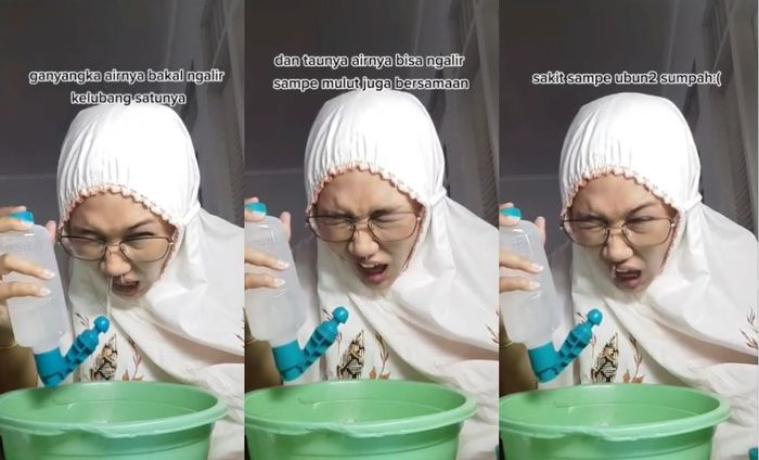 Waniat ini kesakitan saat melakukan cuci hidung