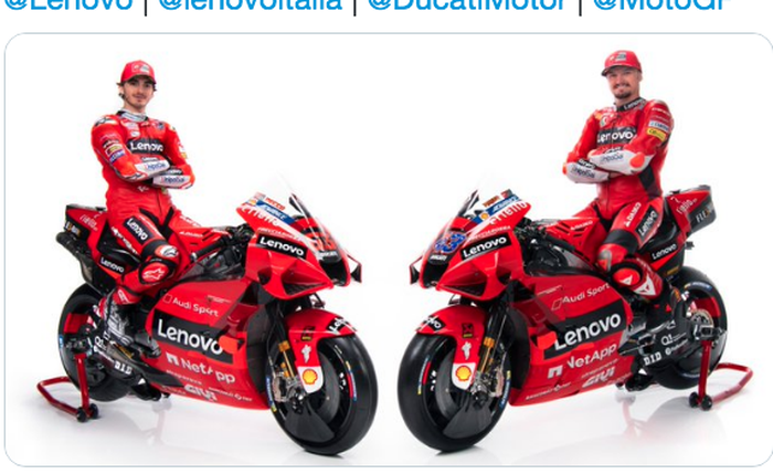 Peluncuran Tim Ducati Lenovo pada MotoGP 2021 dengan pembalapnya, Francesco Bagnaia (kiri) dan Jack Miller (kanan). 