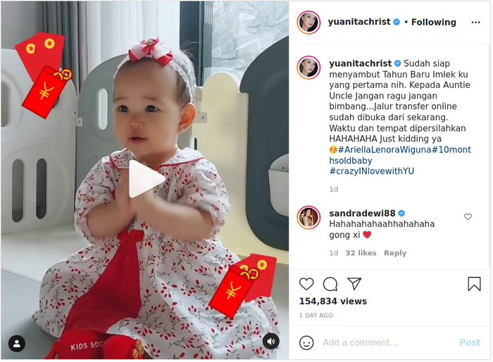 Unggah video tingkah imut putrinya saat rayakan Imlek 2021, Yuanita Christiani sukses bikin netizen gemas.