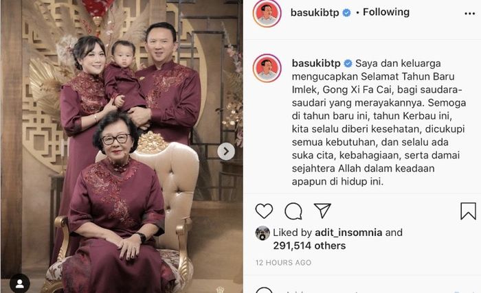 Ahok sekeluarga mengucapkan Selamat Tahun Baru Imlek. (Instagram @basukibtp)
