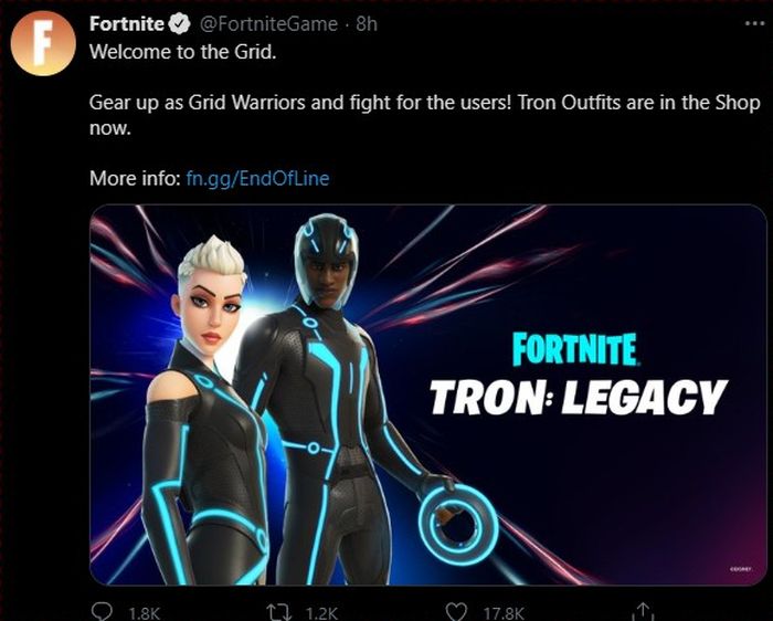 The appearance of a Fortnite character with a Tron skin: Legacy