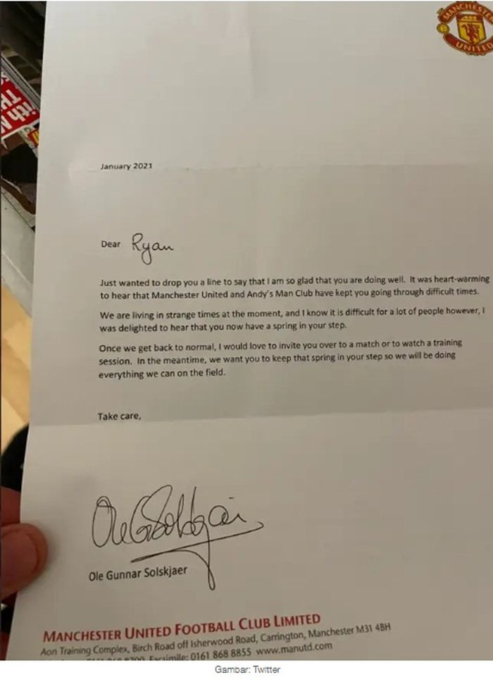 Surat dari Ole Gunnar Solskjaer yang ditujukan kepada penggemar Manchester United yang mengalami gangguan kecemasan.