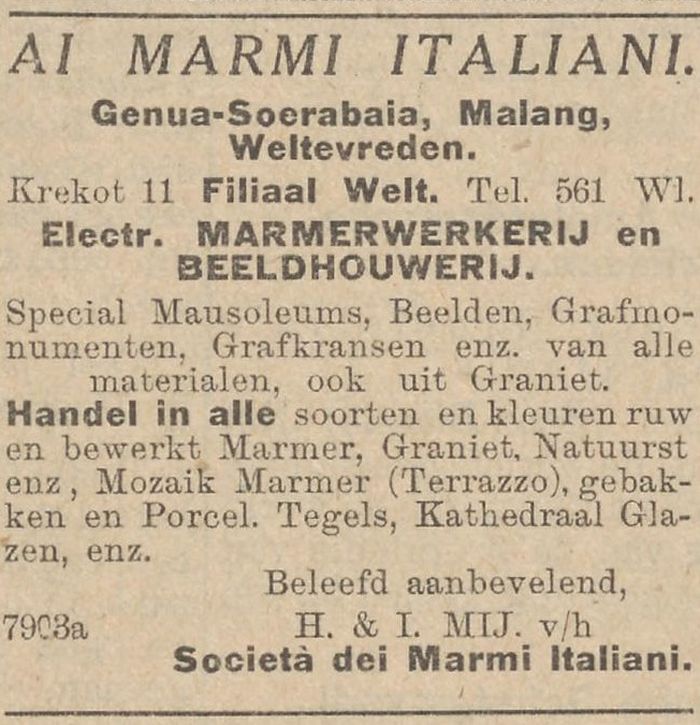 Kliping surat kabar Het nieuws van den dag voor Nederlandsch-Indie?  edisi 16 Mei 1930, yang menampilkan iklan kontraktor bangunan spesialis monumen makam: Ai MArmi Italiani.