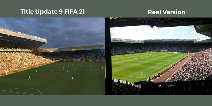 Comparison of the appearance between the title update version 9 FIFA 21 and the real version of Elland Road