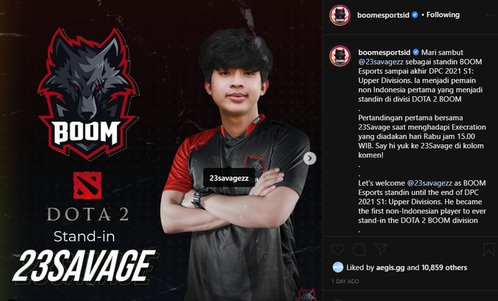 Boom Eports stand-in player announcement on Instagram