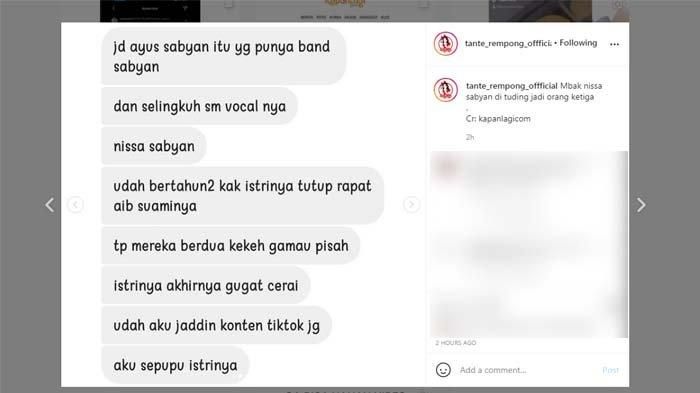 Unggahan akun gosip soal tudingan Nissa Sabyan jadi duri dalam pernikahan Ayus Sabyan Gambus