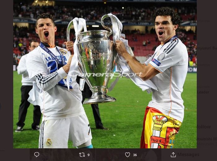 Cristiano Ronaldo dan Pepe juara Liga Champions bersama Real Madrid.