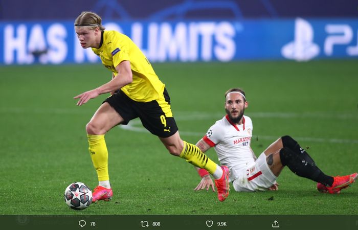 Penyerang Borussia Dortmund, Erling Haaland mencetak dua gol dalam kemenangan 3-2 atas Sevilla pada leg pertama babak 16 besar Liga Champions 2020-2021.