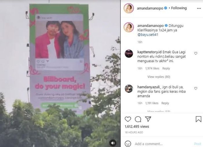 Amanda Manopo memberikan waktu untuk orang yang memasang fotonya di billboard selama 1x24 jam untuk klarifikasi.