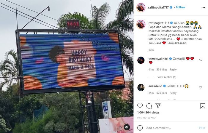 Unggahan Instagram Raffi dan Nagita yang memperlihatkan billboard ucapan selamat ulang tahun dari Rafathar