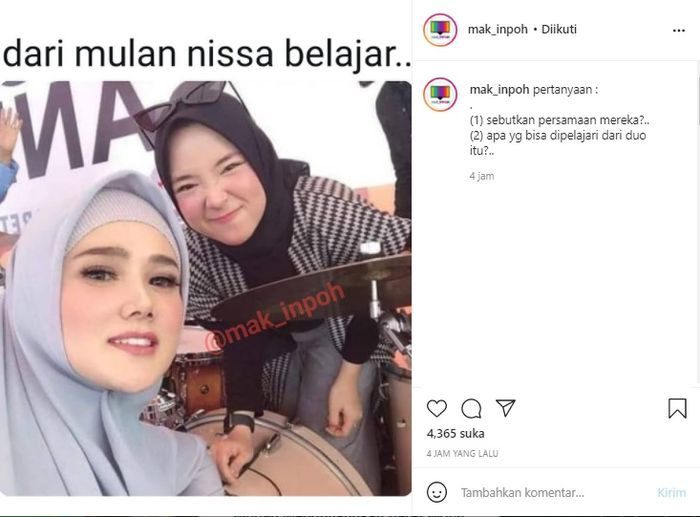 Potret Mulan Jameela dan Nissa Sabyan.Tangkap layar 