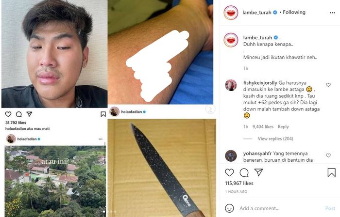 Tangkap Layar Lambe Turah Unggah Postingan Fadlan Holao yang Menampilkan Sayatan di Tangannya.