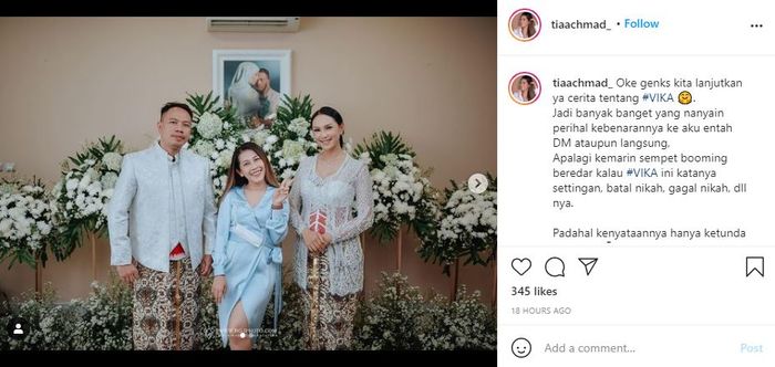 Klarifikasi Tia Achmad, vendor pernikahan Kalina-Vicky lewat unggahan Instagramnya.