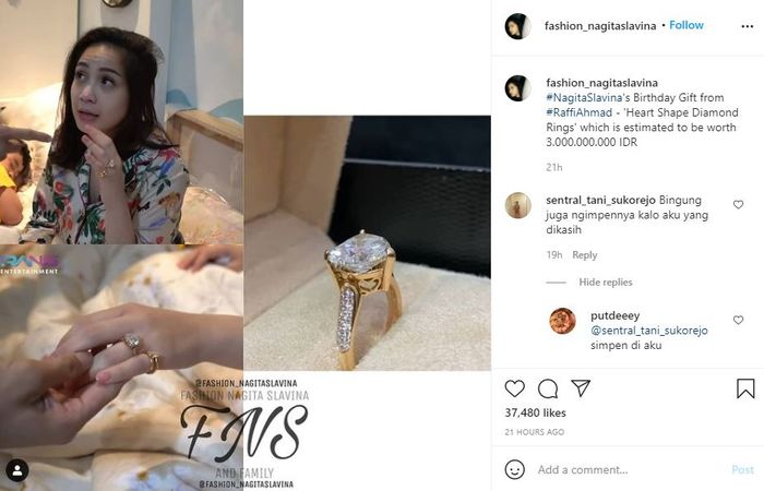 Kado cincin berlian dari Raffi Ahmad untuk Nagita Slavina.
