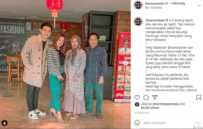Unggahan Ifan Seventeen yang merayakan ulang tahun Citra dan ibunda Dylan Sahara.