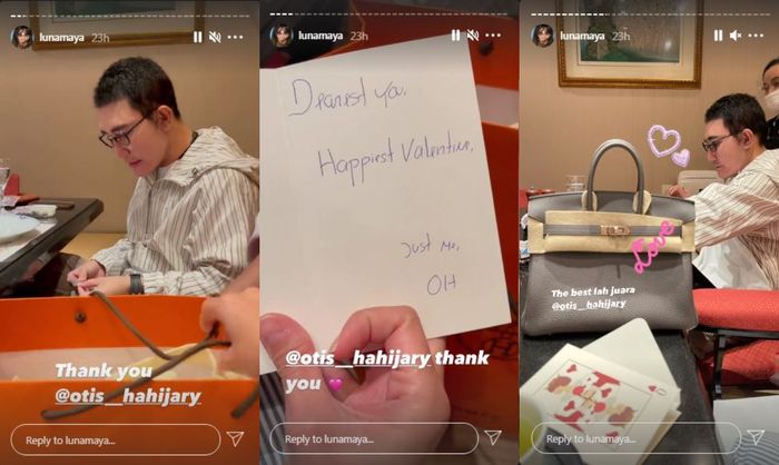 Kolase Instastory Luna Maya dapat tas mewah dari Otis Hahijary