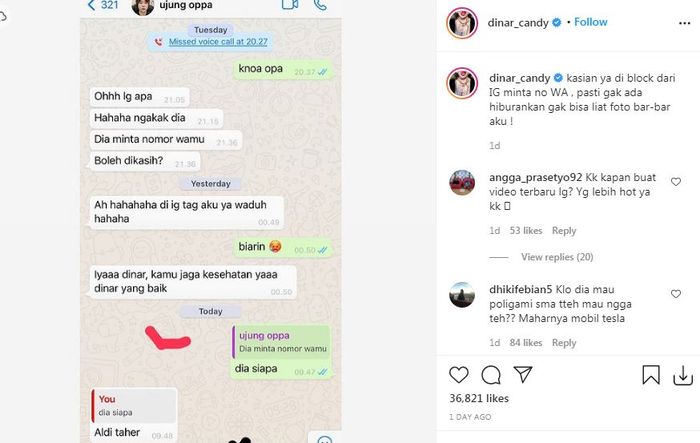 Aldi Taher disebut minta nomor WA Dinar Candy