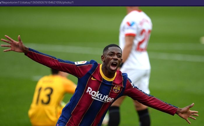 Striker Barcelona, Ousmane Dembele, mencetak gol saat melawan  Sevilla dalam laga pekan ke-25 Liga Spanyol 2020-2021, Sabtu (27/2/2021) pukul 22.15 WIB di Stadion Ramon Sanchez Pizjuan