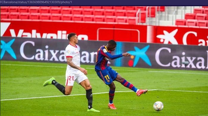 Striker Barcelona, Ousmane Dembele, mencetak gol saat melawan  Sevilla dalam laga pekan ke-25 Liga Spanyol 2020-2021, Sabtu (27/2/2021) pukul 22.15 WIB di Stadion Ramon Sanchez Pizjuan