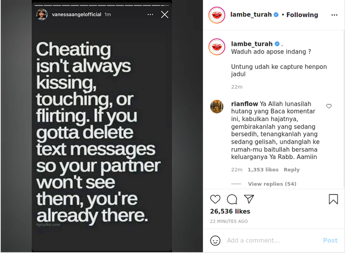 Tiada angin tiada hujan tuliskan kalimat bijak terkait perselingkuhan, Vanessa Angel malah diprotes netizen.