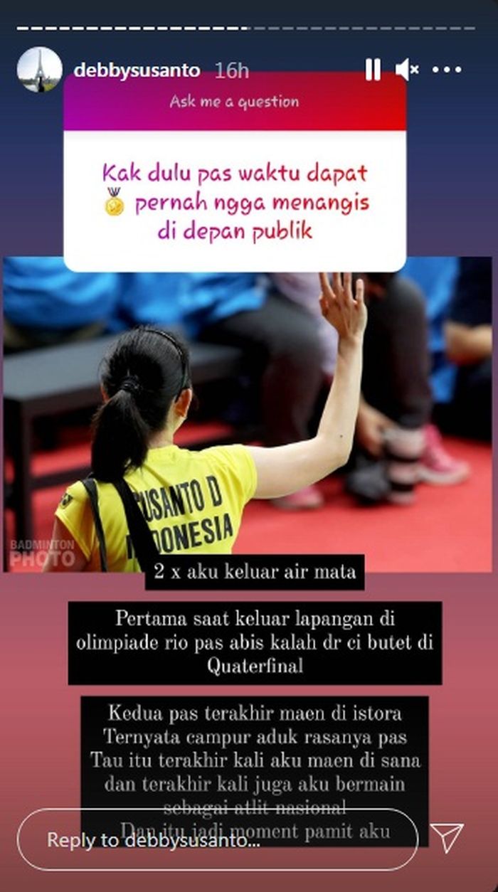 unggahan Debby Susanto yang mengenang kisah mengharukannya di dunia bulu tangkis