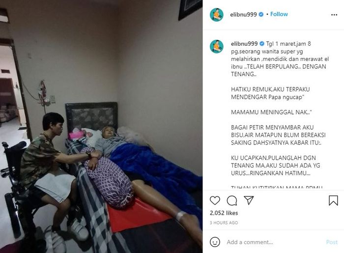Tangkap Layar El Ibnu Unggah Postingan Kabarkan Sang Ibu Telah Meninggal Dunia