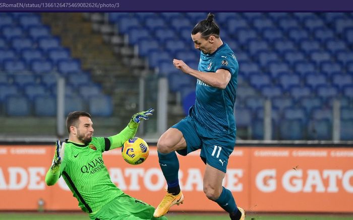 Striker andalan AC Milan, Zlatan Ibrahimovic, saat melawan AS Roma dalam laga pekan ke-24 Liga Italia 2020-2021 pada Senin (28/2/2021) pukul 02.45 WIB 