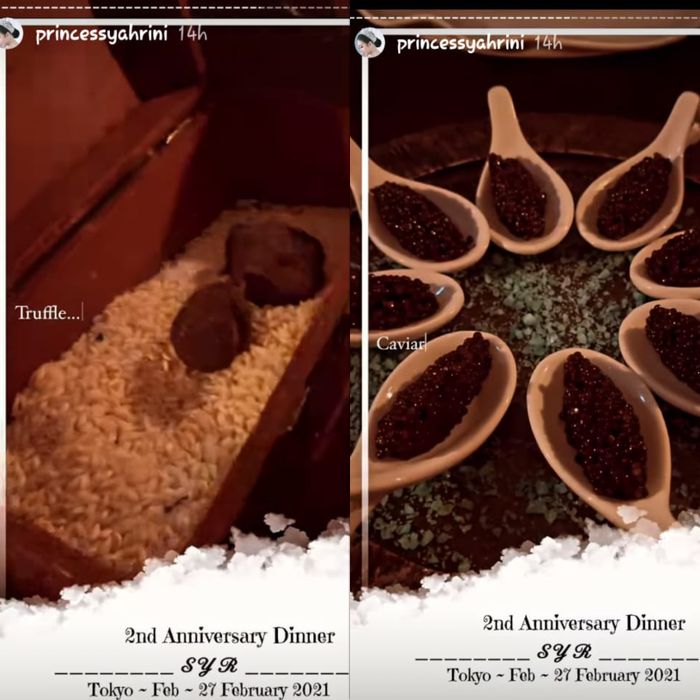 Syahrini dan <a href='https://kupang.tribunnews.com/tag/reino-barack' title='Reino Barack'>Reino Barack</a> makan malam mewah dengan menyantap Teuffle serta Caviar untuk merayakan ulang tahun pernikahan mereka yang kedua 