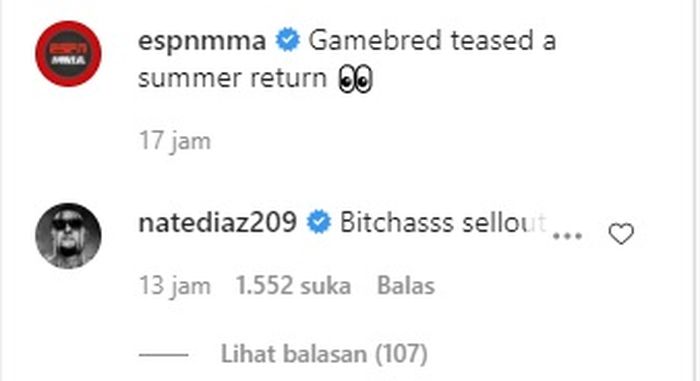 Nate Diaz serang Jorge Masvidal melalui media sosial Instagram (28/2/2021)