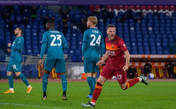 Gelandang AS Roma, Jordan Veretout, merayakam gol ke gawang AC Milan dalam pekan ke-24 Liga Italia 2020-2021 pada Minggu (28/2/2021) waktu setempat atau Senin pukul 02.45 WIB di Stadion Olimpico