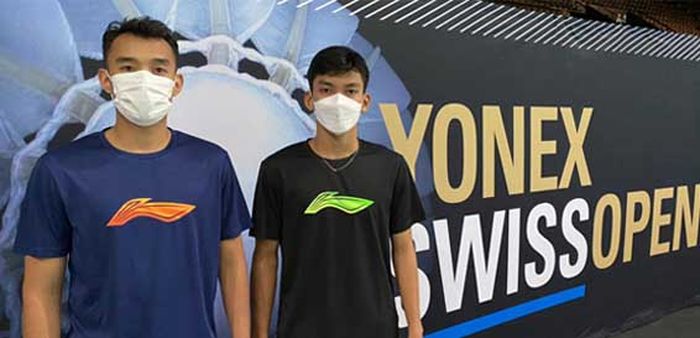 Ganda putra Indonesia, Bagas Maulana/Muhammad Shohibul Fikri saat jalani latihan perdana di Swiss Open 2021.