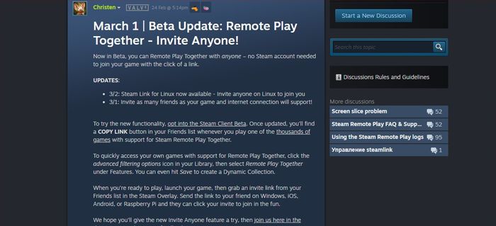 Official announcement on the Steam website regarding the new Remote Play Together feature