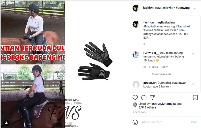 Pakai sarung tangan jutaan rupiah untuk <a href='https://jambi.tribunnews.com/tag/berkuda' title='berkuda'>berkuda</a>, <a href='https://jambi.tribunnews.com/tag/nagita-slavina' title='Nagita Slavina'>Nagita Slavina</a> bikin <a href='https://jambi.tribunnews.com/tag/netizen' title='netizen'>netizen</a> kaget lihat harga aslinya yang tak masuk akal.